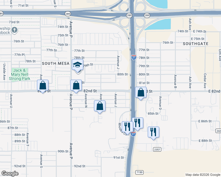 map of restaurants, bars, coffee shops, grocery stores, and more near 1107 81st Street in Lubbock