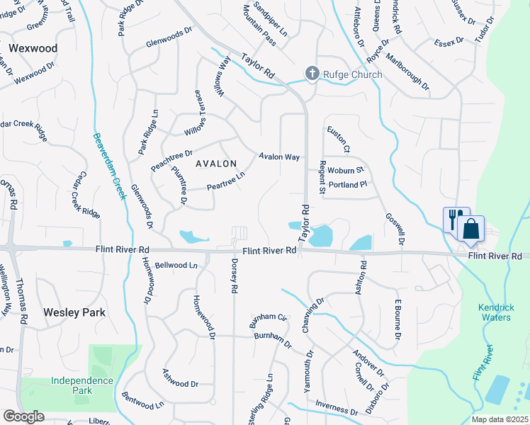 map of restaurants, bars, coffee shops, grocery stores, and more near 79 Flint River Road in Riverdale