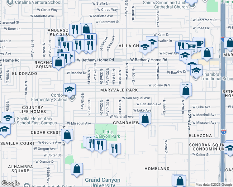 map of restaurants, bars, coffee shops, grocery stores, and more near 3116 West Montebello Avenue in Phoenix