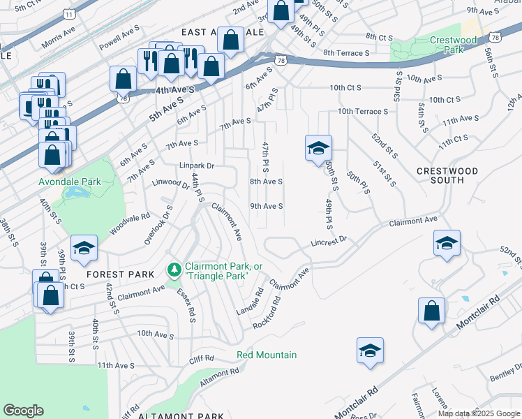 map of restaurants, bars, coffee shops, grocery stores, and more near 4724 9th Avenue South in Birmingham