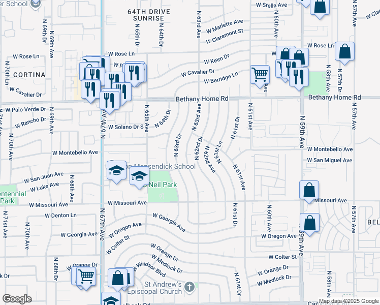map of restaurants, bars, coffee shops, grocery stores, and more near 5702 North 62nd Drive in Glendale