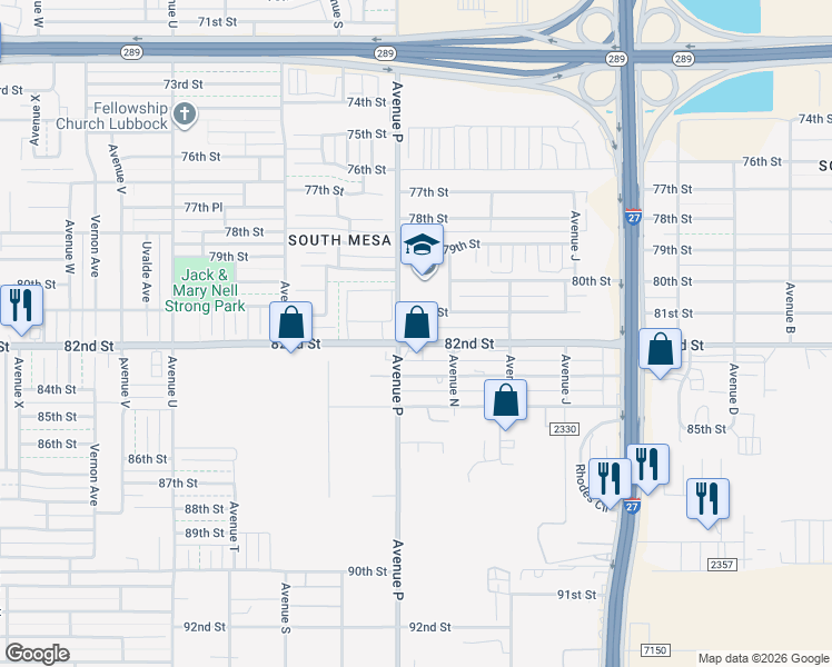 map of restaurants, bars, coffee shops, grocery stores, and more near 1518 82nd Street in Lubbock