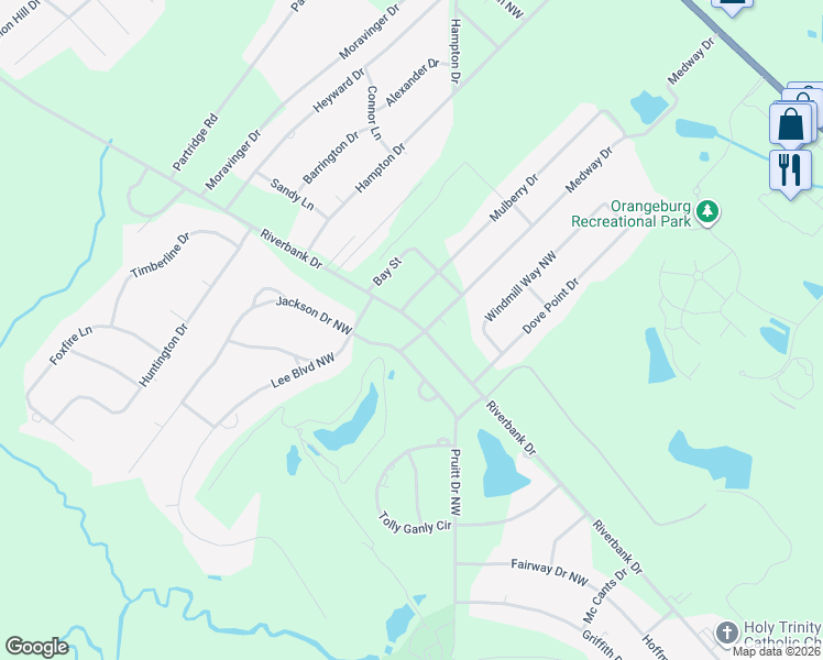 map of restaurants, bars, coffee shops, grocery stores, and more near 986 Medway Drive in Orangeburg