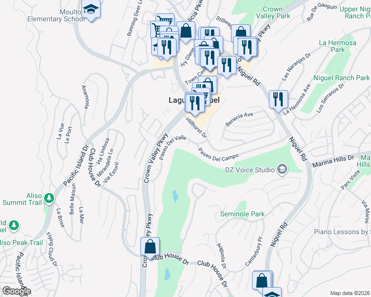 map of restaurants, bars, coffee shops, grocery stores, and more near 30401 Mirador Court in Laguna Niguel