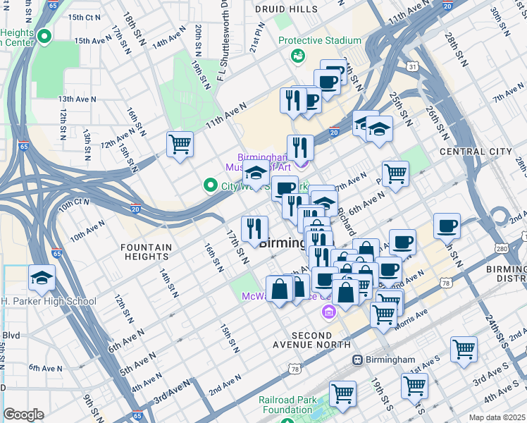 map of restaurants, bars, coffee shops, grocery stores, and more near 1813 Reverend Abraham Woods Junior Boulevard in Birmingham