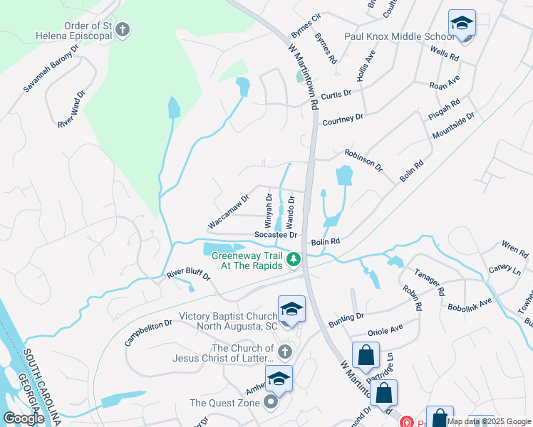 map of restaurants, bars, coffee shops, grocery stores, and more near 768 Winyah Drive in North Augusta