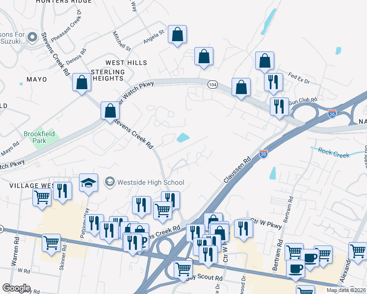 map of restaurants, bars, coffee shops, grocery stores, and more near 950 Stevens Creek Road in Augusta