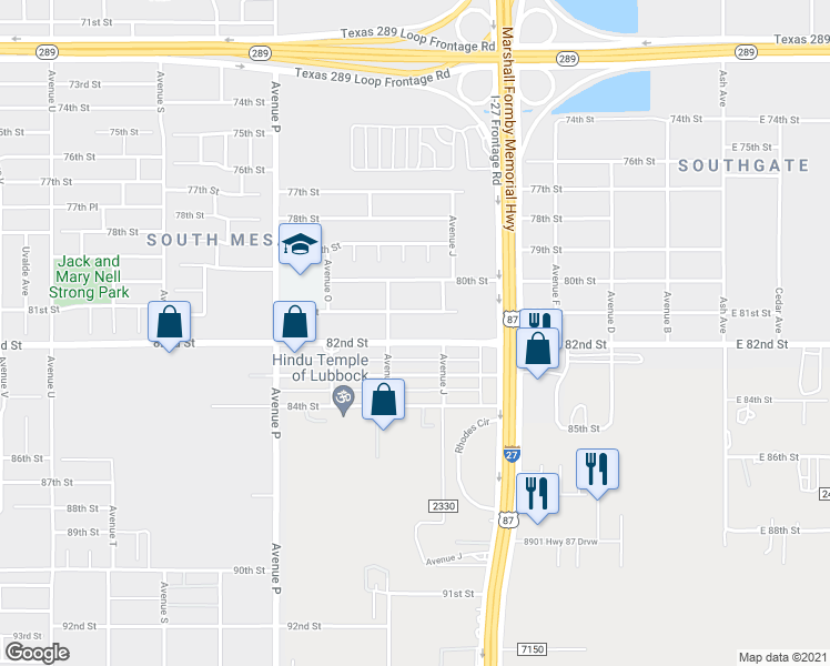 map of restaurants, bars, coffee shops, grocery stores, and more near 1112 82nd Street in Lubbock