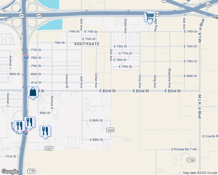 map of restaurants, bars, coffee shops, grocery stores, and more near 399-421 East 82nd Street in Lubbock
