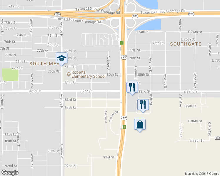 map of restaurants, bars, coffee shops, grocery stores, and more near 8112 Interstate 27 Frontage Road in Lubbock