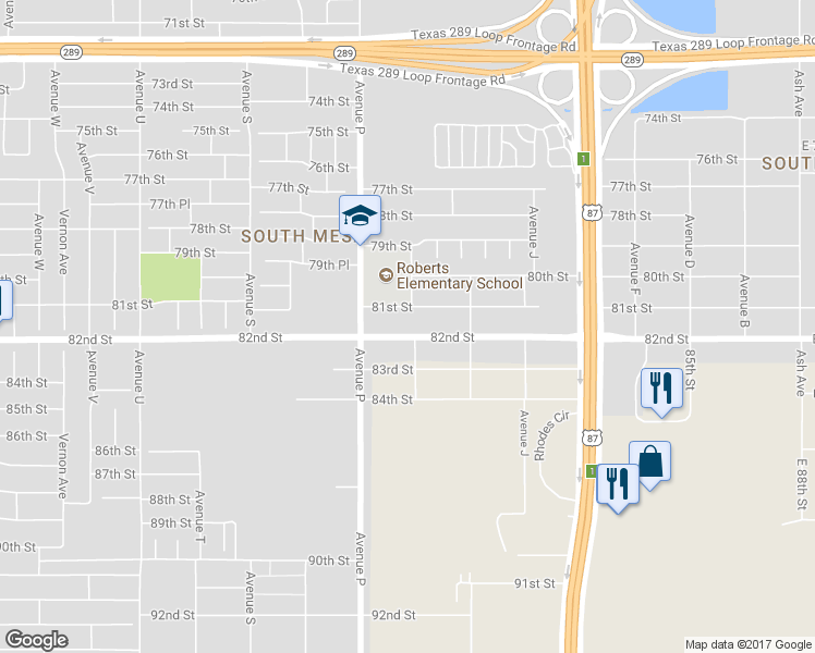 map of restaurants, bars, coffee shops, grocery stores, and more near 1505 81st Street in Lubbock