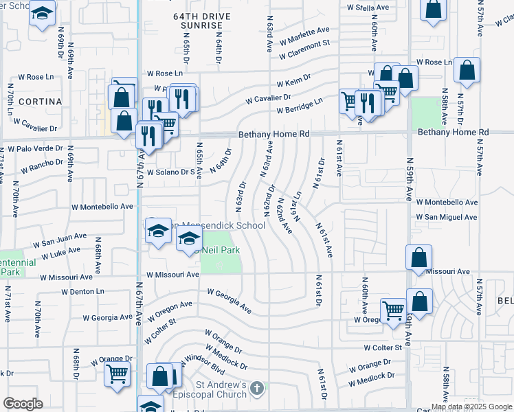 map of restaurants, bars, coffee shops, grocery stores, and more near 5702 North 62nd Drive in Glendale