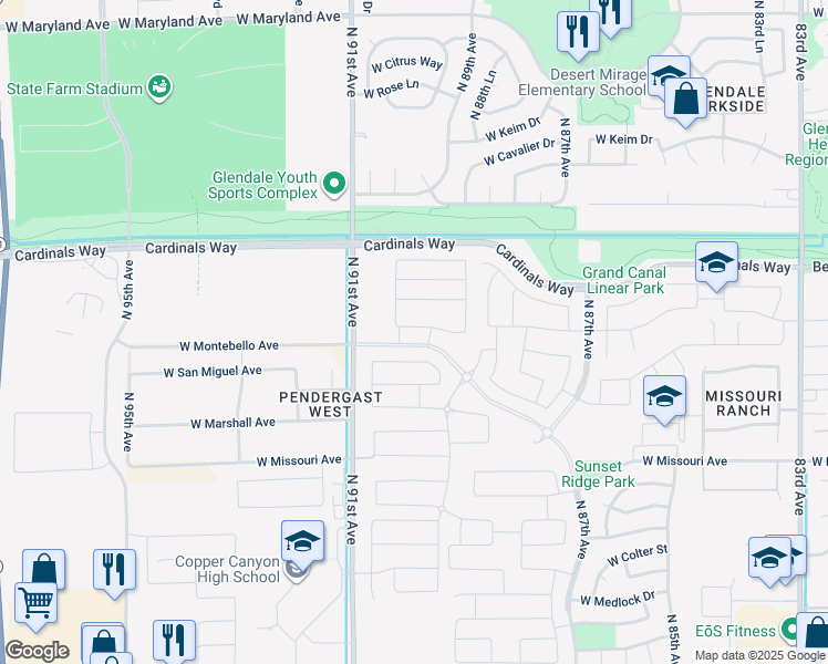 map of restaurants, bars, coffee shops, grocery stores, and more near 8948 West Solano Drive in Glendale