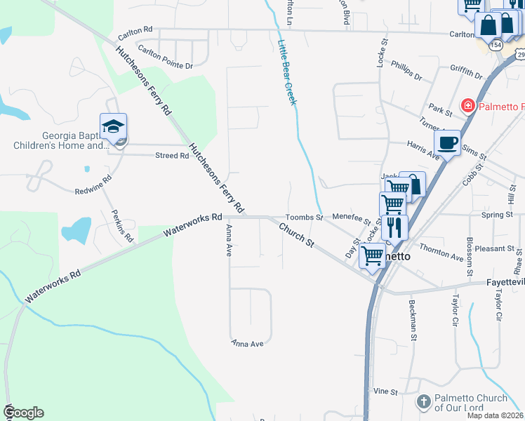 map of restaurants, bars, coffee shops, grocery stores, and more near 529 Toombs Street in Palmetto