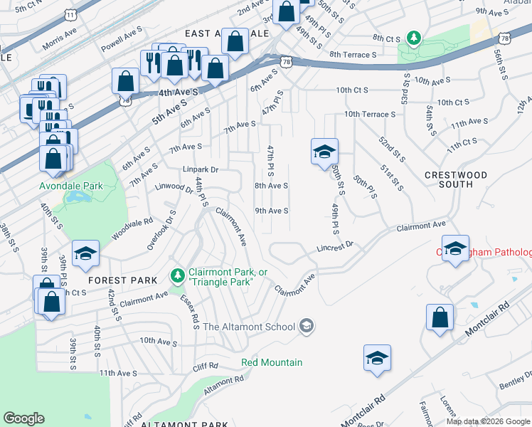 map of restaurants, bars, coffee shops, grocery stores, and more near 4724 9th Avenue South in Birmingham