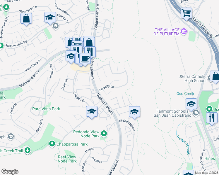 map of restaurants, bars, coffee shops, grocery stores, and more near 10 Serenity Lane in Laguna Niguel