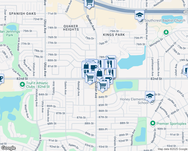 map of restaurants, bars, coffee shops, grocery stores, and more near 4402 82nd Street in Lubbock