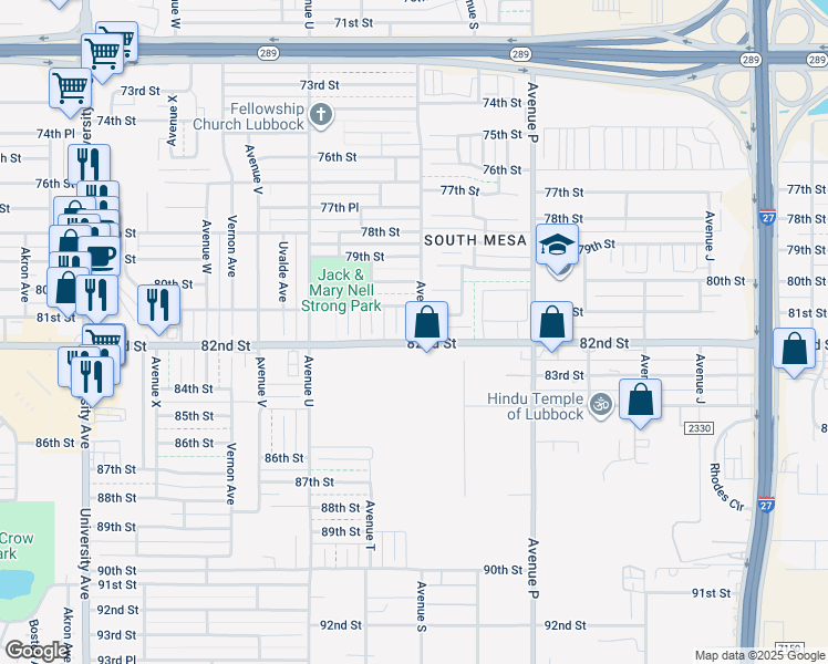 map of restaurants, bars, coffee shops, grocery stores, and more near 8112 Avenue S in Lubbock