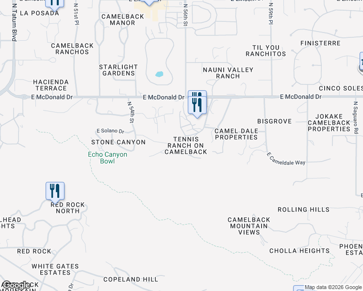 map of restaurants, bars, coffee shops, grocery stores, and more near 5536 East Solano Drive in Paradise Valley