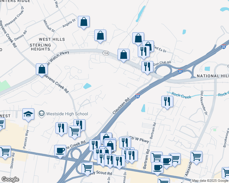 map of restaurants, bars, coffee shops, grocery stores, and more near 1070 Claussen Road in Augusta