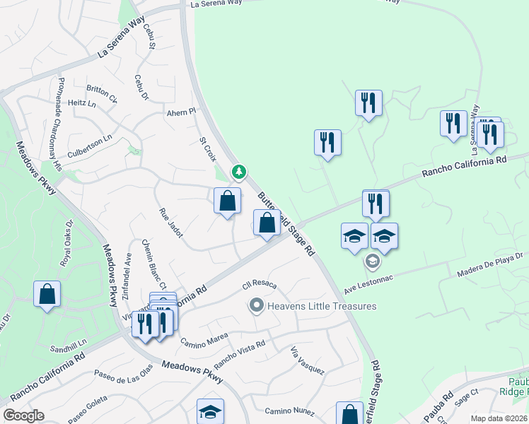 map of restaurants, bars, coffee shops, grocery stores, and more near 32374 Cercle Latour in Temecula
