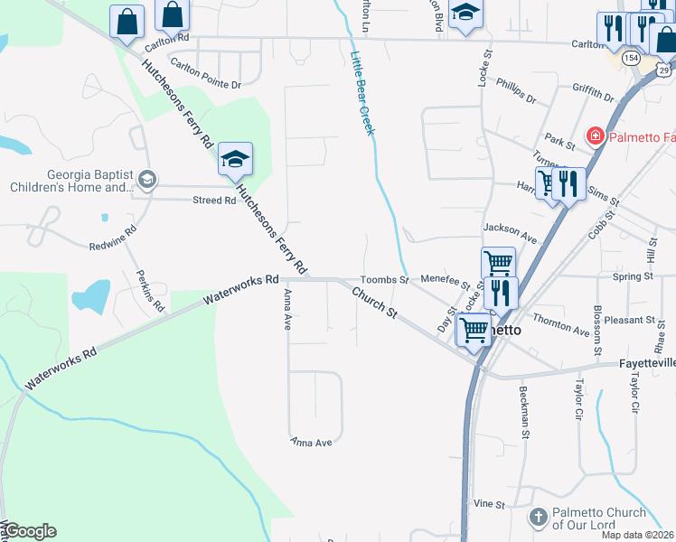 map of restaurants, bars, coffee shops, grocery stores, and more near 529 Toombs Street in Palmetto