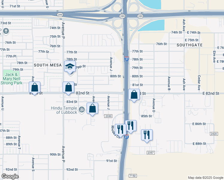 map of restaurants, bars, coffee shops, grocery stores, and more near 914 82nd Street in Lubbock