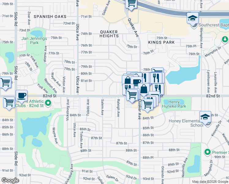 map of restaurants, bars, coffee shops, grocery stores, and more near 8008 Raleigh Avenue in Lubbock