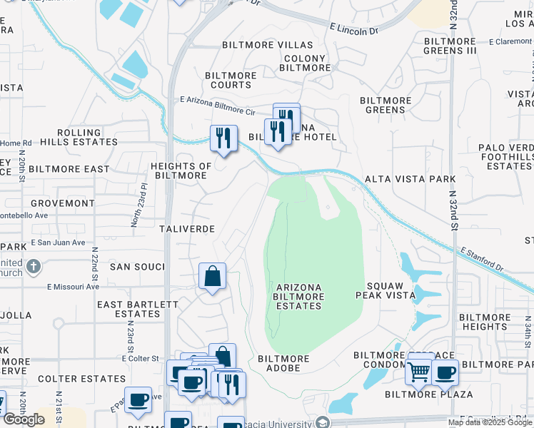 map of restaurants, bars, coffee shops, grocery stores, and more near 43 Biltmore Estates Drive in Phoenix