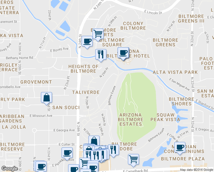 map of restaurants, bars, coffee shops, grocery stores, and more near 48 Biltmore Estate in Phoenix
