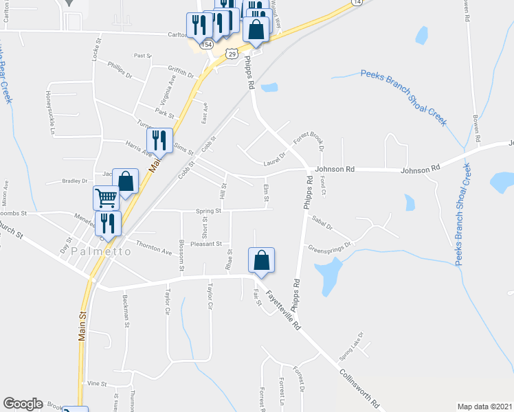 map of restaurants, bars, coffee shops, grocery stores, and more near 224 Spring Street in Palmetto