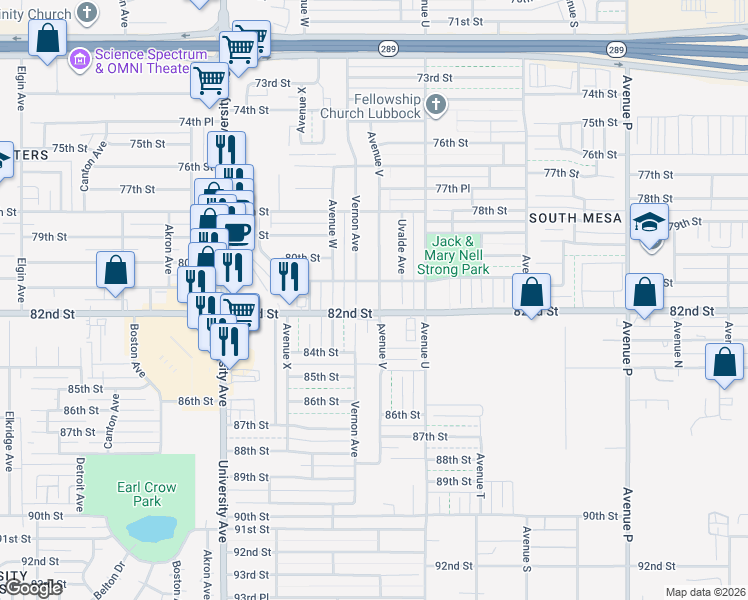 map of restaurants, bars, coffee shops, grocery stores, and more near 8108 Avenue V in Lubbock