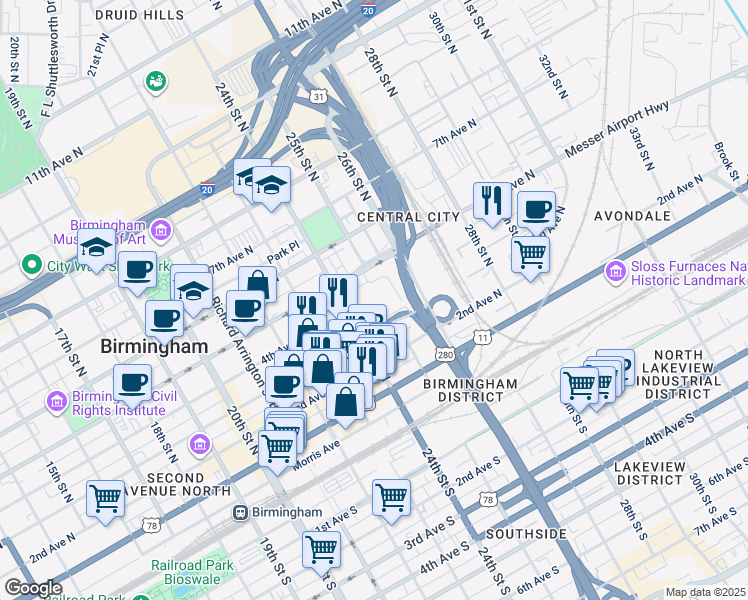 map of restaurants, bars, coffee shops, grocery stores, and more near 351 24th Street North in Birmingham