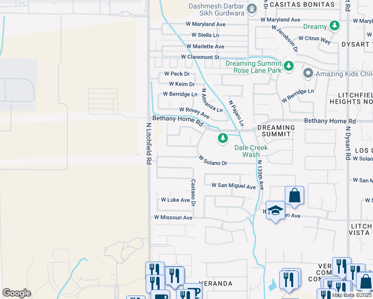 map of restaurants, bars, coffee shops, grocery stores, and more near 5825 Castano Court in Litchfield Park