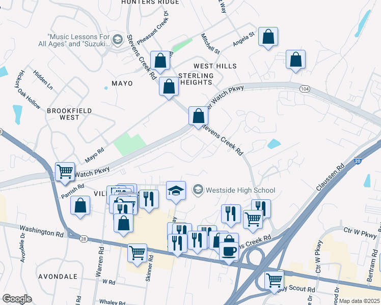 map of restaurants, bars, coffee shops, grocery stores, and more near 205 Windsong Circle in Augusta
