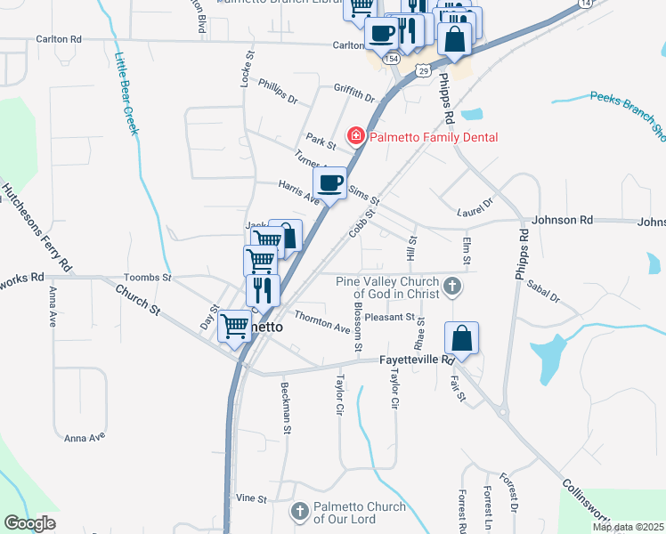 map of restaurants, bars, coffee shops, grocery stores, and more near 202 Spring Street in Palmetto