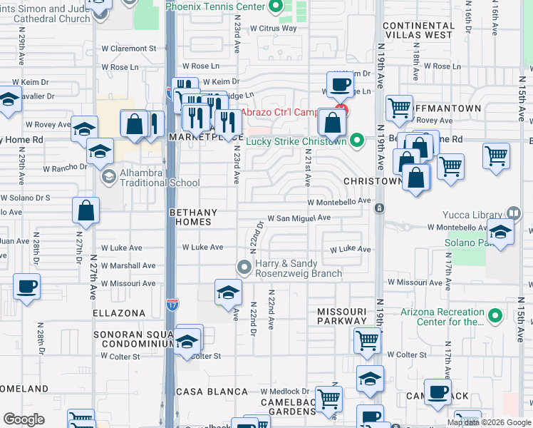 map of restaurants, bars, coffee shops, grocery stores, and more near 2219 West Montebello Avenue in Phoenix
