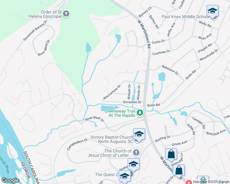 map of restaurants, bars, coffee shops, grocery stores, and more near 1419 Waccamaw Dr in North Augusta