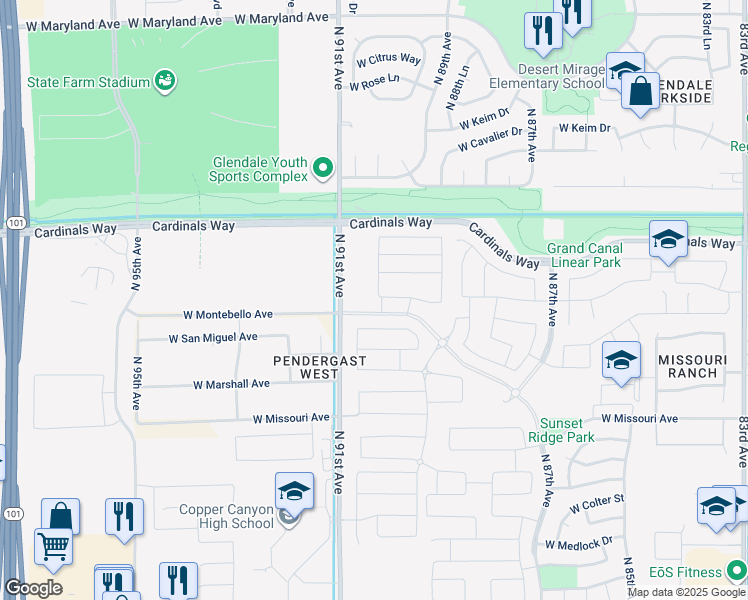 map of restaurants, bars, coffee shops, grocery stores, and more near 5804 North 90th Drive in Glendale