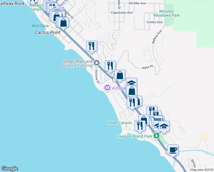 map of restaurants, bars, coffee shops, grocery stores, and more near 2838 Wards Terrace in Laguna Beach