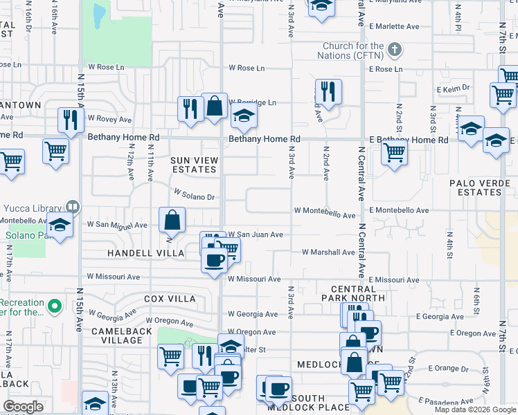 map of restaurants, bars, coffee shops, grocery stores, and more near 340 West Montebello Avenue in Phoenix