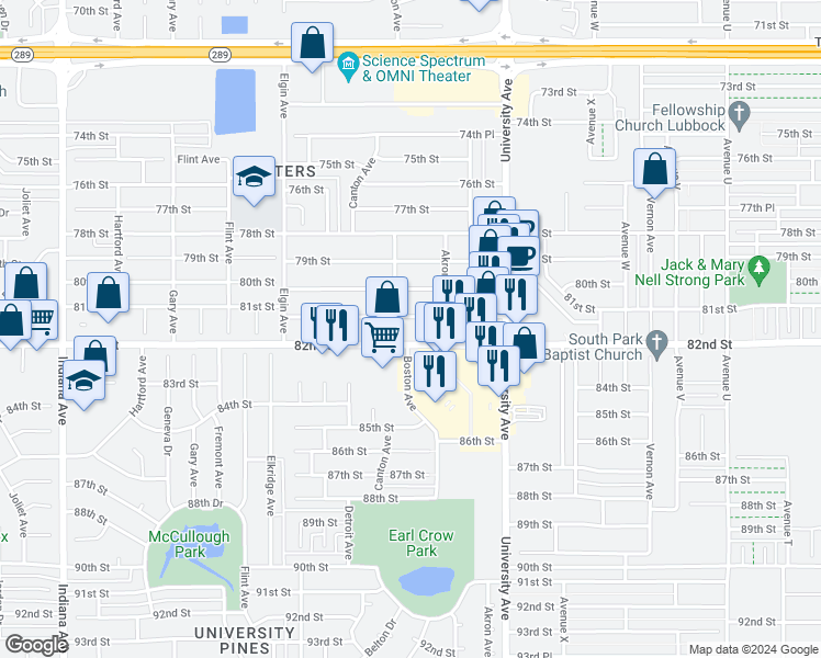 map of restaurants, bars, coffee shops, grocery stores, and more near 2612a 81st Street in Lubbock