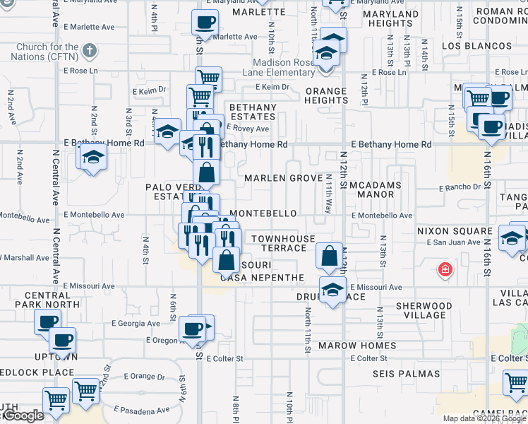 map of restaurants, bars, coffee shops, grocery stores, and more near 5707 North 10th Street in Phoenix