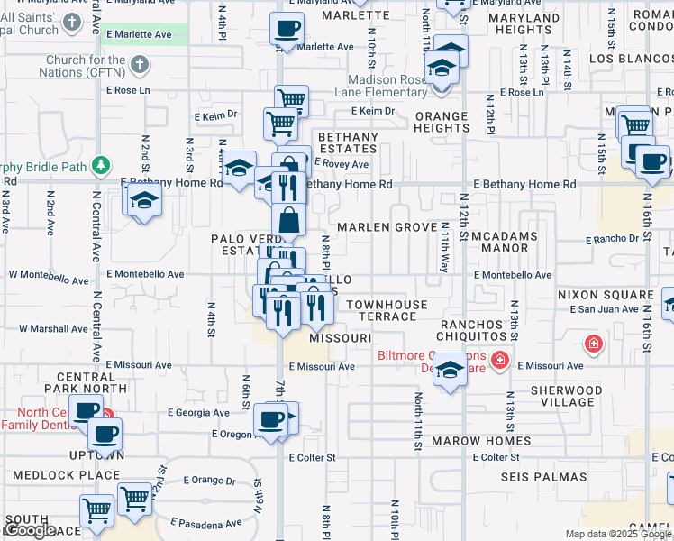 map of restaurants, bars, coffee shops, grocery stores, and more near 920 East Montebello Avenue in Phoenix