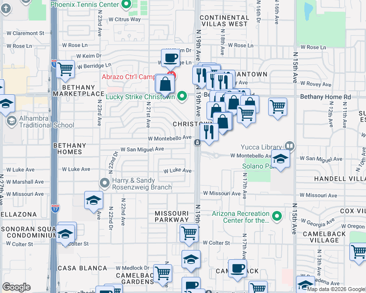 map of restaurants, bars, coffee shops, grocery stores, and more near 1926 West San Miguel Avenue in Phoenix