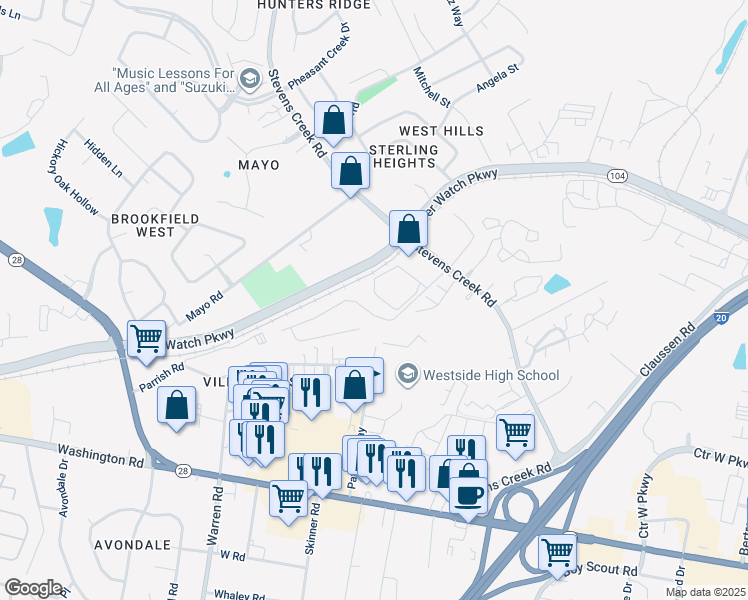 map of restaurants, bars, coffee shops, grocery stores, and more near 1405 Windsong Circle in Augusta