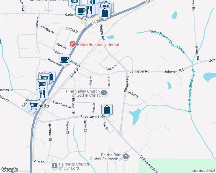 map of restaurants, bars, coffee shops, grocery stores, and more near 224 Spring Street in Palmetto