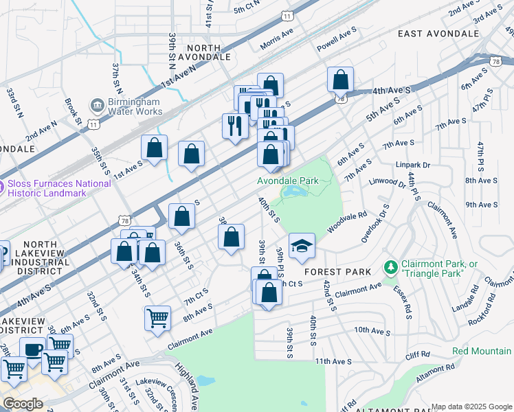 map of restaurants, bars, coffee shops, grocery stores, and more near 3829 5th Avenue South in Birmingham