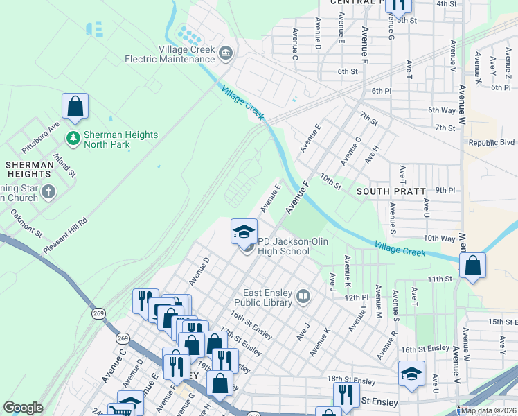 map of restaurants, bars, coffee shops, grocery stores, and more near 1104 Avenue East in Birmingham