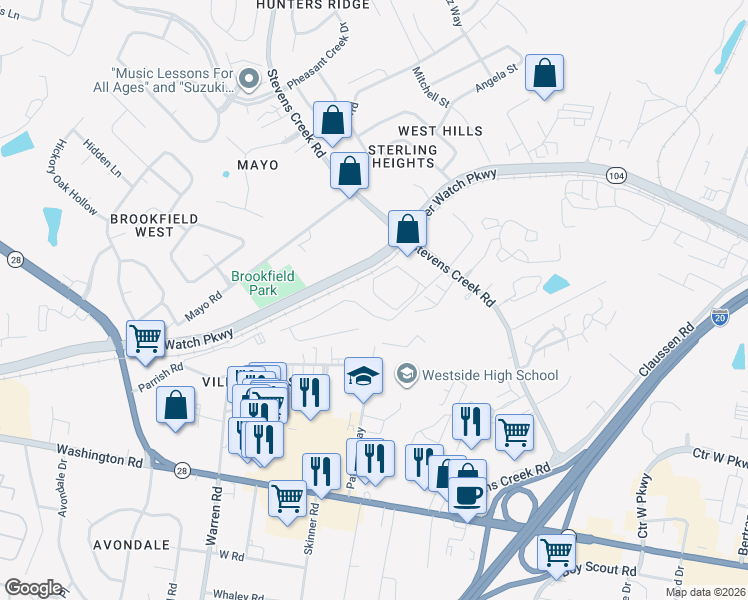 map of restaurants, bars, coffee shops, grocery stores, and more near 1405 Windsong Circle in Augusta